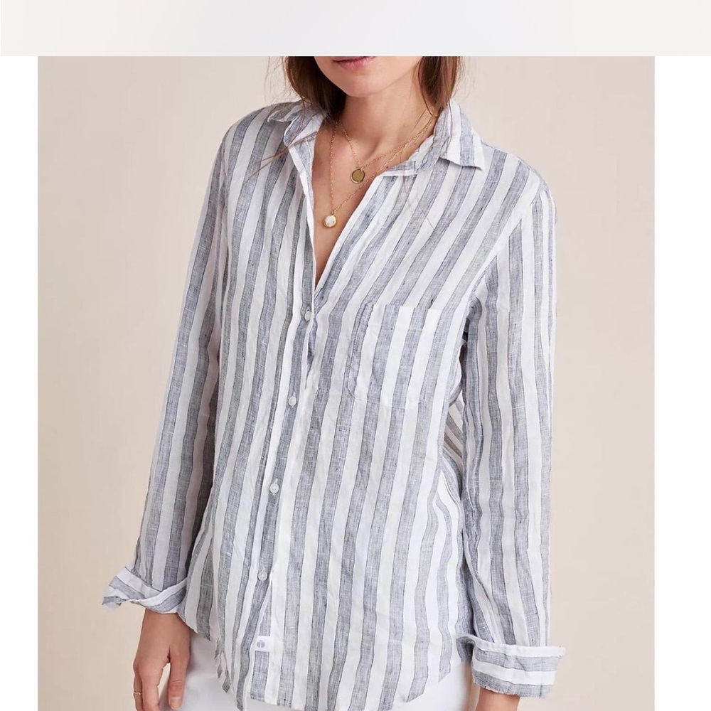 GRAYSON Striped Linen Button-Up Shirt - White & navy L